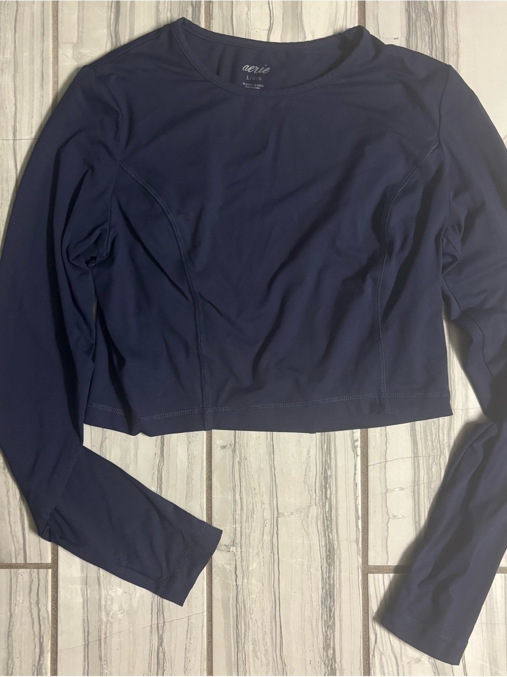 aerie Navy Long-Sleeve Cropped Crewneck Top - Dark Navy